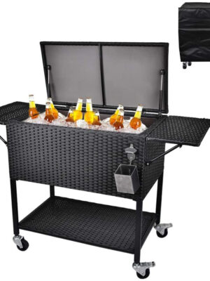 80 Quart Rattan Rolling Cooler Cart, Portable Wicker Cooler Trolley, Backyard Party Drink Beverage Bar