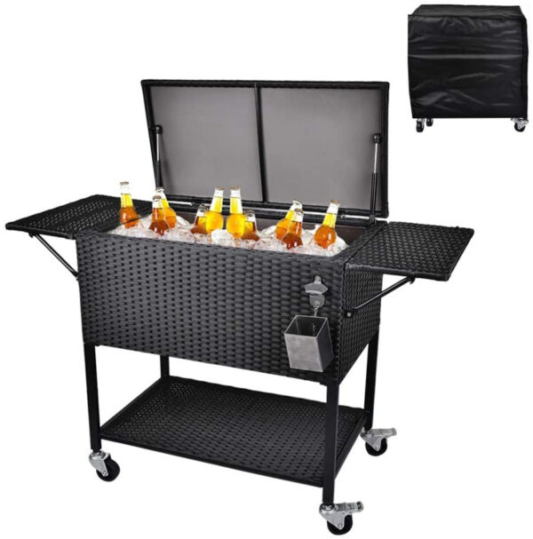 cc3b48b23f1646db9e6aa77ee0aeecb5 80 Quart Rattan Rolling Cooler Cart, Portable Wicker Cooler Trolley, Backyard Party Drink Beverage Bar