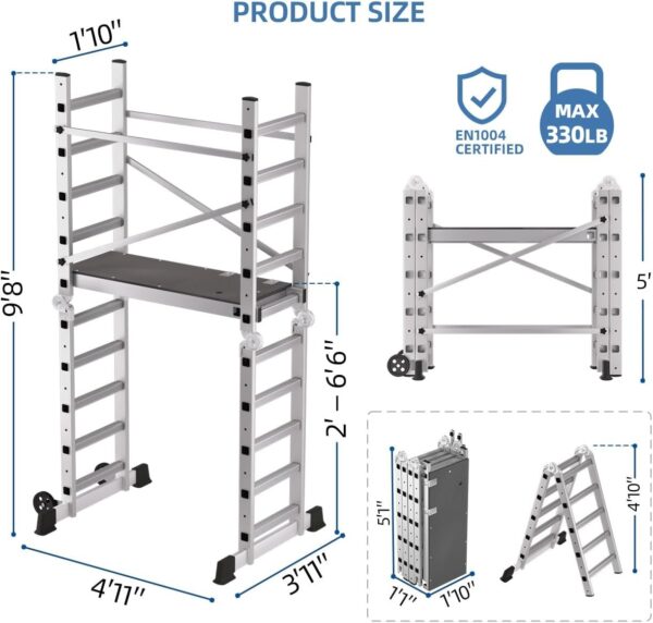 cc574a944e7940328727d9e49c0debe7 Foldable Scaffolding Ladder, Multipurpose Rolling Work Platform, Scaffold Tower, Ladder Stool Bench, Adjustable Platform, 330 Lbs Duty Rate