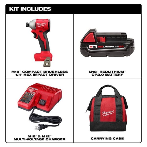 cc83ae2033f1443f961a7f75988f680e 3650-21P M18 18-Volt Lithium-Ion Compact Brushless Cordless 1/4 in. Impact Driver Kit with One 2.0 Ah Battery, Charger Tool Bag