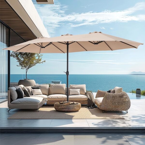 cd87fbd77626425bab734ebe73eb286d 15ft Patio Umbrella Double-Sided Outdoor Market Extra Large Umbrella with Crank, Umbrella Base Included (Dark Red)