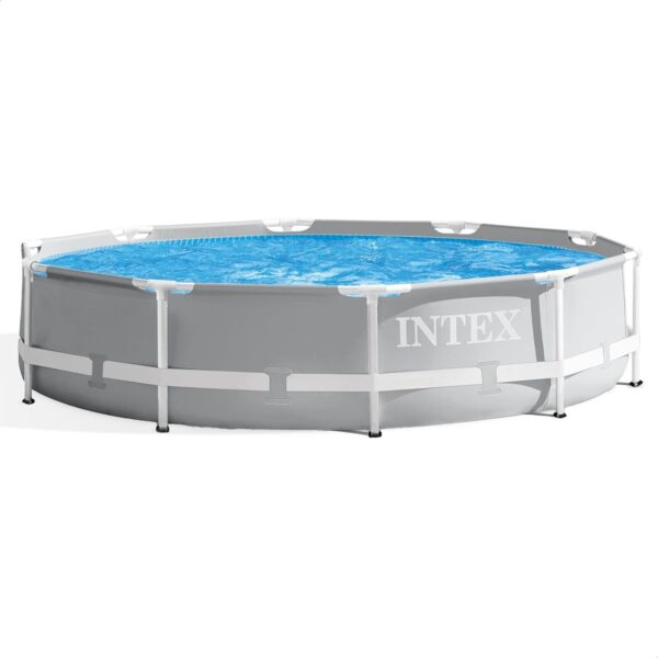 Intex Above Ground Swimming Pool, 12′ x 30′′, Prism Frame, Gray – Large Backyard Outdoor Round Summer Pool for Family, Easy Set Up, 24-Inch Deep Water