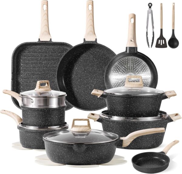 22pcs Pots and Pans Set Nonstick, Cookware Set White Granite Induction Kitchen Cooking Set w/Frying Pans & Saucepans& Grill Pan(PFOS, PFOA Free)