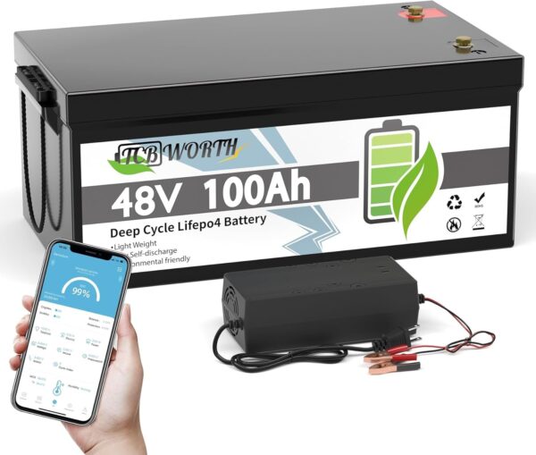 cddbf6d641914733a077cbb65fbb44e6 12V 100Ah LiFePO4 Battery, Rechargeabel Deep Cycle Lithium Batteries, 100A BMS with Low-Temp Protection, Perfect for RV, Solar, Boat, Marine, Trolling Motor