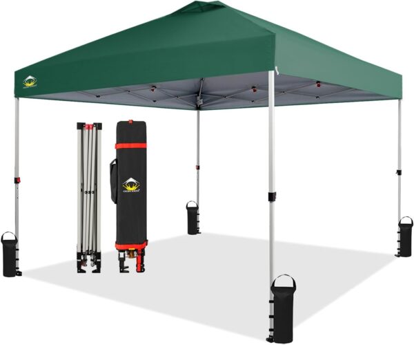 CROWN SHADES 10×10 Pop Up Canopy – Beach Tent with One Push Setup – Easy Outdoor Sun Shade for Events, Parties, Camping – Gazebo with STO-N-Go Cover Bag, Silver Coated Top, White
