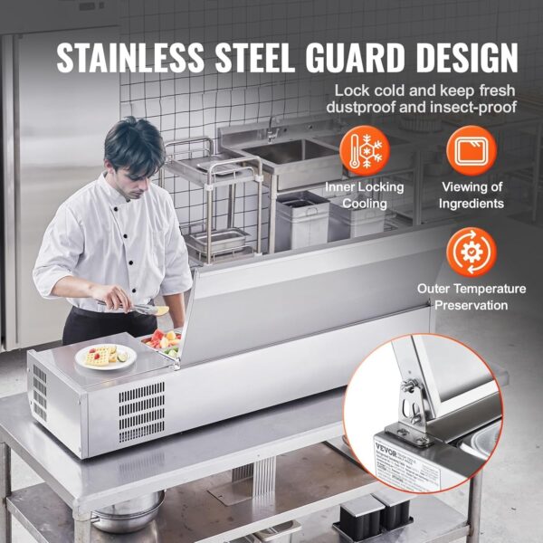 ce0b375b259e4f4d85e3a58b344adcc0 Refrigerated Condiment Prep Station, 135 W Countertop Refrigerated Condiment Station, with 2 1/3 Pans & 4 1/6 Pans, 304 Stainless Body and PC Lid, Sandwich Prep Table with Stainless Guard, ETL