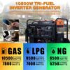 GENMAX 10500 Peak Watt Tri Fuel Open Frame Inverter Generator,with ATS,Quiet Technology,CO Sensor,digital display and 50A,Ideal for Home backup,contruction site and RV Camping (GM10500XiT)