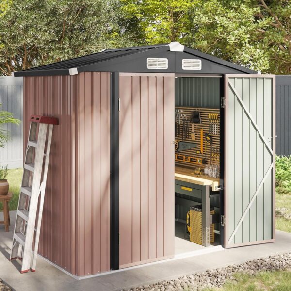 ceb813c45032462b8f8d13031064491e Aoxun 6.2×4 FT Shed Outdoor Storage Shed Metal Garden Shed with Lockable Doors & Slooping Roof Tool Shed Bike Shed for Backyard, Patio, Poolside (Brown)
