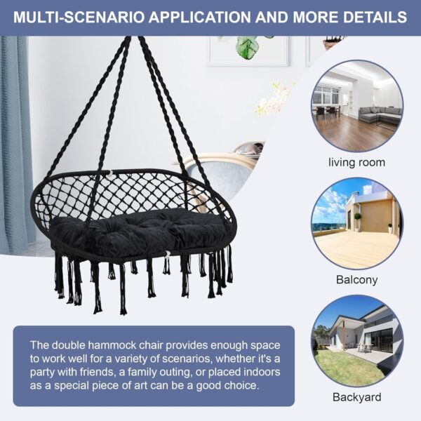 cec5473f819441f890dc637aaf524a4b Hammock Chair Macrame Hanging Swing with Cushion,Hanging Cotton Ropes, Metal Frame, 450 lbs Capacity Indoor Outdoor, Patio, Balcony, Living,Deck, Yard, Garden(Double Swing) Beige