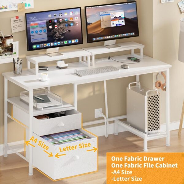 cf02e35f9ead4e08918dc69cfeb3e161 Furologee Computer Desk with Drawer and Power Outlets, 47′′ Office Desk with 2 Monitor Stands and Fabric File Cabinet, Writing Gaming Table with Shelves and 2 Hooks for Home Office, Rustic Brown
