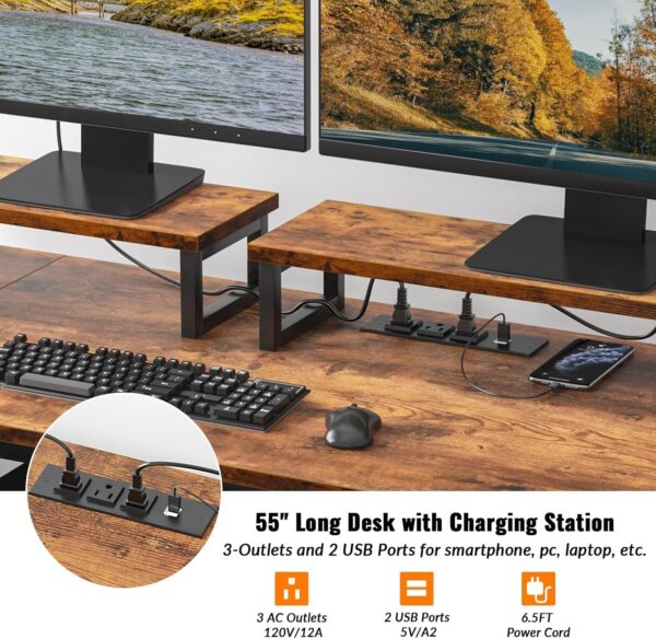 cf42712bad564cd7ac6f301aa4317081 Furologee Computer Desk with Drawer and Power Outlets, 47′′ Office Desk with 2 Monitor Stands and Fabric File Cabinet, Writing Gaming Table with Shelves and 2 Hooks for Home Office, Rustic Brown