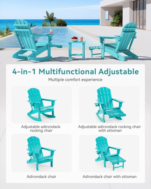 cf9ae39c3b0c46da81607b5c67d6f137 Folding Adirondack Rocking Chair,4-in-1 Multifunctional Patio Chair with Retractable Ottoman, Outdoor Chair Wood Texture, Lawn Chair for Porch, Backyard, Pool(Grey)