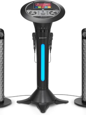 Portable WiFi Karaoke Machine for Adults – Black Pedestal with 7” Touchscreen, Built-In Speaker, Bluetooth, Recorder & 2 Wired Microphones