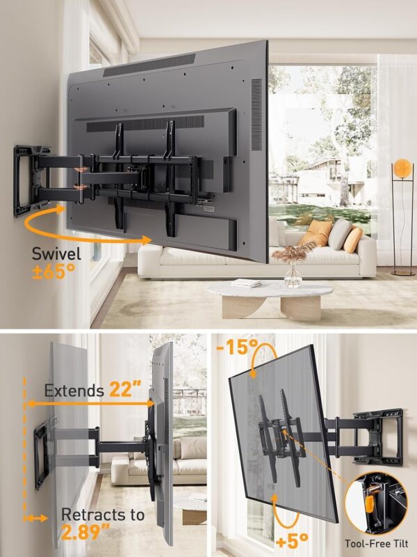 cfc4e27b94cf4b8e82edd6ffe1c342d0 Perlegear UL-Listed Full Motion TV Wall Mount for 42–90 Inch TVs up to 150 lbs, Pre-Assembled TV Mount with Tool-Free Tilt, Swivel, Extension, Max VESA 600 x 400mm, 12′′/16′′/18′′/24′′ Wood Studs, PGLF16