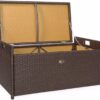 Outdoor Storage Bench Rattan Style Deck Box Wicker Patio Furniture Water Resistance w/Seat Cushion, 60-Gallon, Brown