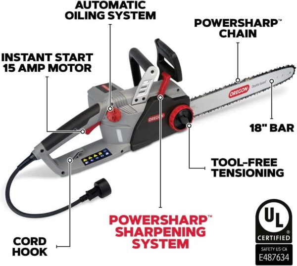 Oregon CS1500 18-inch 15 Amp Self-Sharpening Corded Electric Chainsaw, with Integrated Self-Sharpening System (PowerSharp), 2-Year Warranty, 120V, Grey, Black