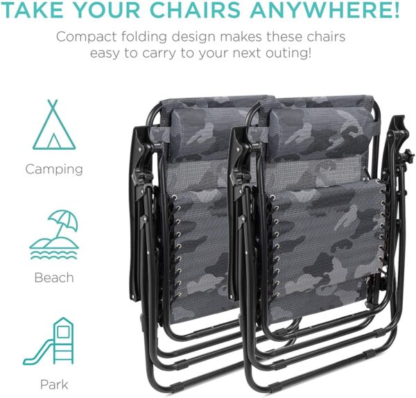 d019c16702ec4e4b874c573d751ce35a set of 2 adjustable steel mesh zero gravity lounge chair recliners w pillows and cup holder trays