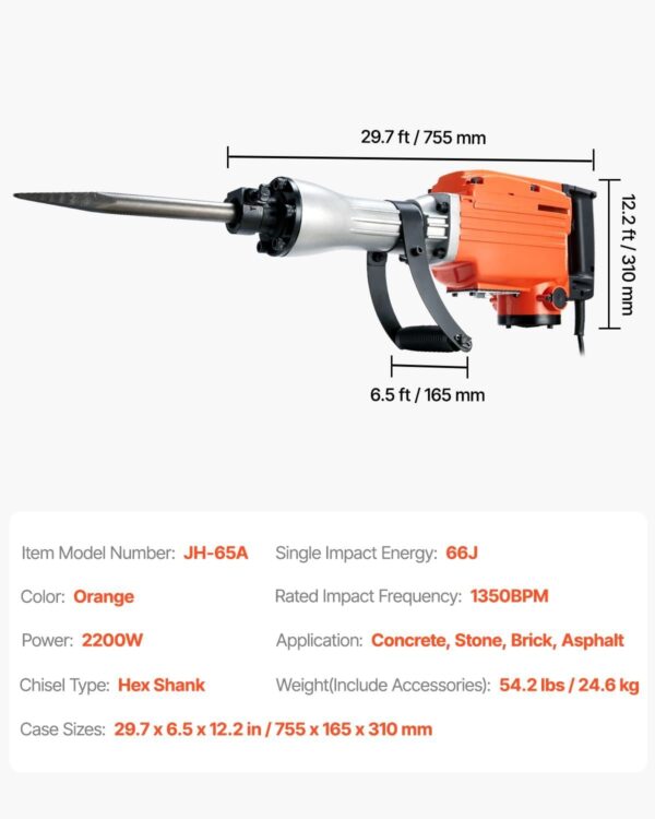 Demolition Jack Hammer, 1350 BPM Concrete Breaker 6pcs Chisels Bit Chipping with Case, 2200W Electric Jackhammer Heavy Duty, Black
