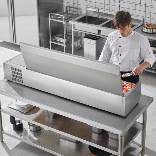 d07e68474b324d80833e8a23a9cabe8f Refrigerated Condiment Prep Station, 135 W Countertop Refrigerated Condiment Station, with 2 1/3 Pans & 4 1/6 Pans, 304 Stainless Body and PC Lid, Sandwich Prep Table with Stainless Guard, ETL