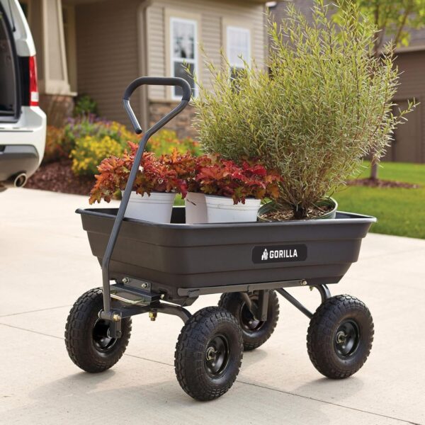 d0c61b130a59469991ccc020422a1a0e Heavy Duty Poly Utility Dump Wagon Garden Cart w/Pneumatic Tires, 6 Cu Ft – 1200 lb Capacity Outdoor Wheelbarrow for Yard, Landscaping & Gardening, Lawn Tractor or ATV Towable-Gorilla Carts