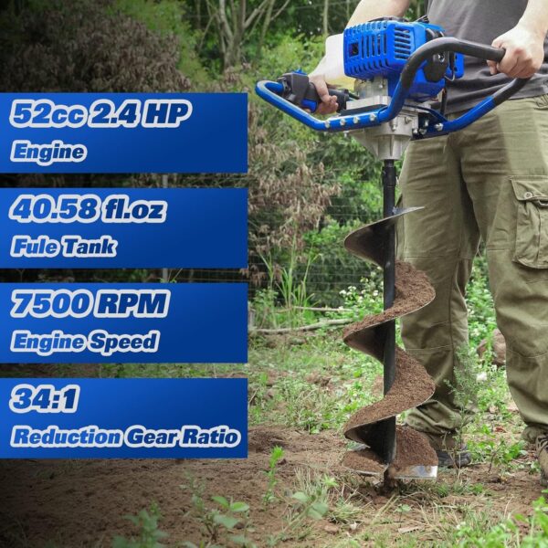Post Hole Digger Gas Powered, 52cc 2.4 HP 2 Stroke Engine Earth Auger with 8′′ Drill Bit, EPA Compliant Post Hole Auger