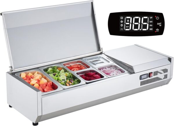 d116604787484332bb002dec6157989e Refrigerated Condiment Prep Station, 135 W Countertop Refrigerated Condiment Station, with 2 1/3 Pans & 4 1/6 Pans, 304 Stainless Body and PC Lid, Sandwich Prep Table with Stainless Guard, ETL