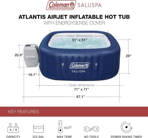 d14c759a11dd41488f4e510a46000528 4 to 6 Person Inflatable Hot Tub Square Portable Outdoor Spa with 114 Soothing AirJets and Insulated Cover, Gray-Coleman