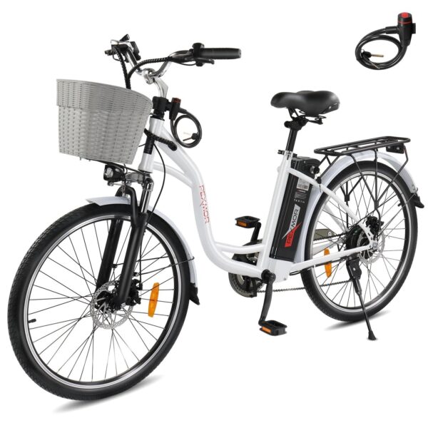 d188f9fc79194ae6a41464b5272ffeea 350W Electric Commuter Bike for Adults, 26′′ Cruiser Ebike with 36V 12.5AH Removable Battery, Shimano 6-Speed, Dual Shock Absorber, Basket