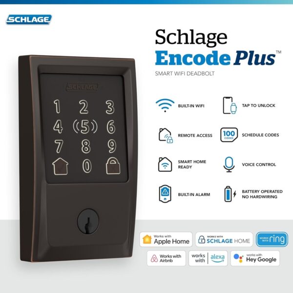 Encode Plus Smart Wi-Fi Lock for Front Door, Keyless Entry Deadbolt, Unlock with Apple Watch, Built-in WiFi and App Control, Easy Install, Alexa & Apple HomeKit Compatible, Matte Black