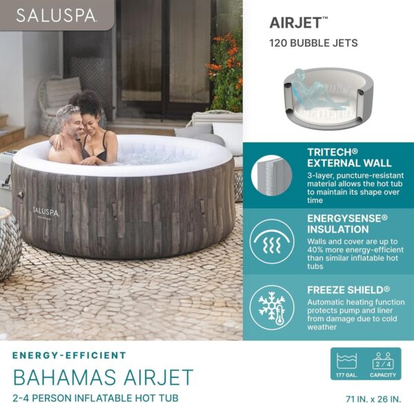 Bestway SaluSpa Fiji AirJet Large Round 2 to 4 Person Inflatable Hot Tub Portable Outdoor Spa with 120 AirJets and EnergySense Cover, Grey
