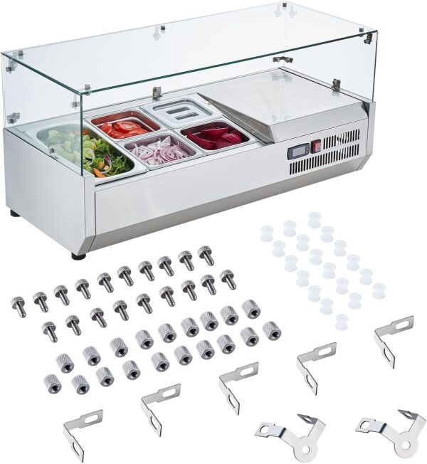 d2322ad33ecb43e39946f078f04993cb Refrigerated Condiment Prep Station, 135 W Countertop Refrigerated Condiment Station, with 2 1/3 Pans & 4 1/6 Pans, 304 Stainless Body and PC Lid, Sandwich Prep Table with Stainless Guard, ETL