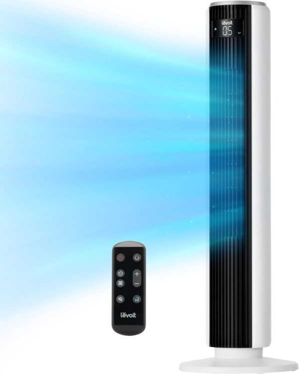 d24bb8c8f331417f9f8a7fba67d0e900 LEVOIT Tower Fan for Bedroom, Standing Fan that Blows Cold Air for Home, 28dB Quiet for Sleep, Remote, 90° Oscillation, 12H Timer, 25ft/s Velocity, 5 Speeds, 4 Modes, Bladeless 36 inch, White