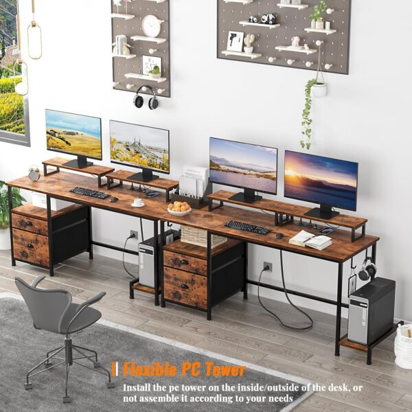 d2ba80fcf8a941009d674eda59220205 Furologee Computer Desk with Drawer and Power Outlets, 47′′ Office Desk with 2 Monitor Stands and Fabric File Cabinet, Writing Gaming Table with Shelves and 2 Hooks for Home Office, Rustic Brown