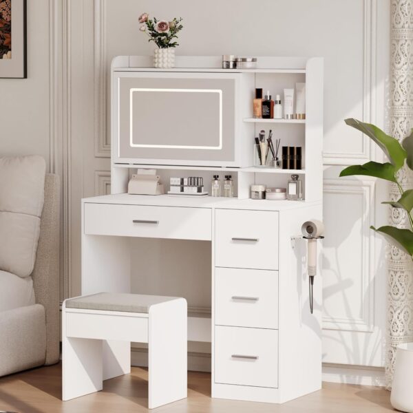 d2bf466e81fb49cdb520c6b9f0299f68 Vanity Desk with a Mirror and Lights,with Chair and Four Drawers, Three Adjustable Lighting Modes,with Power Outlet and Sliding LED Mirror,Bedroom Vanity Desk (White)