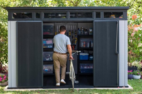 Keter Artisan 11×7 Modern Resin Outdoor Storage Shed Kit-Perfect to Store Patio Furniture, Garden Tools Bike Accessories, Beach Chairs and Lawn Mower, Grey & Black