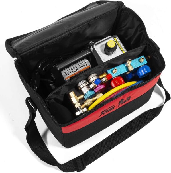 d2ded9c88610473ca68c33940907b28e Premium 4CFM Air Vacuum Pump HVAC A/C Refrigeration Kit AC Manifold Gauge Case Set R134a Tap w/Leak Detector and Carrying Tote Bag