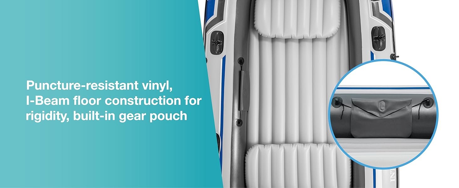 Puncture-resistant vinyl. I-Beam floor construction for rigidity. built-in gear pouch