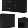 3-Pc Scandinavian Design Engineered Wood Bedroom Furniture Set with 3-Drawer Chest & 6-Drawer Double Dresser & 1-Drawer Nightstand, Pewter Plastic Handles, Smooth Plastic Glides, in Black