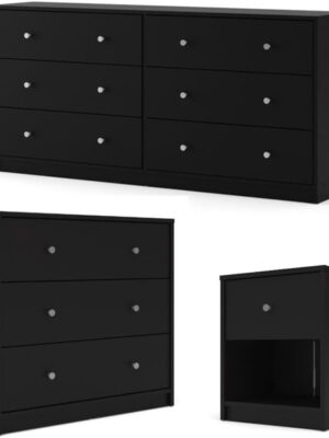3-Pc Scandinavian Design Engineered Wood Bedroom Furniture Set with 3-Drawer Chest & 6-Drawer Double Dresser & 1-Drawer Nightstand, Pewter Plastic Handles, Smooth Plastic Glides, in Black