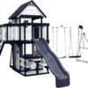 Backyard Discovery Canyon Creek Cedar Wood Swing Set with Wave Slide, Clubhouse, Play Kitchen, Picnic Area, Belt Swings, Web Swing, Rock Wall, Balconies, Playhouse, Step Ladder, Outdoor Playset