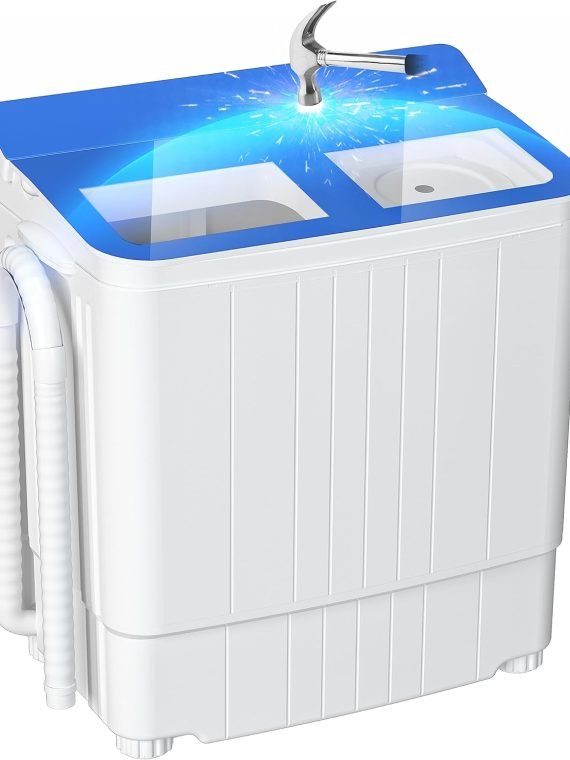 Portable Washing Machine – 14.5 lbs Mini Twin Tub Washer & Spin Dryer for Apartments, Dorms, RVs, Camping – Gray/Blue