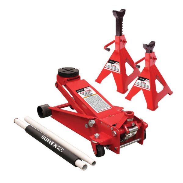 d3aab66f41564a2e813c0116b6e9766a SUNEX TOOLS 3.5-Ton Service Jack with Quick Lifting System with Jack Stands
