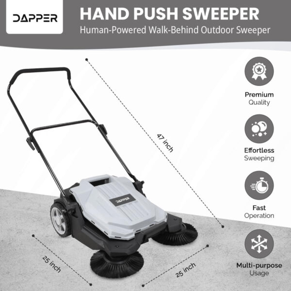 d3b0b8a3a58a4b4092ca5ceb3f88b31a Walk-Behind Outdoor Hand Push Floor Sweeper – 5.25 Gallon Capacity – 25.5′′ Sweeping Width – Sweeps up to 27,900 ft2 / Hour, Grey