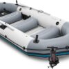 INTEX 68376EP Mariner 4 Inflatable Boat Set: Includes Deluxe 54in Boat Oars and High-Output Pump – Wear-Resistant Keel – Removable Fishing Rod Holders – 4-Person – 1100lb Weight Capacity