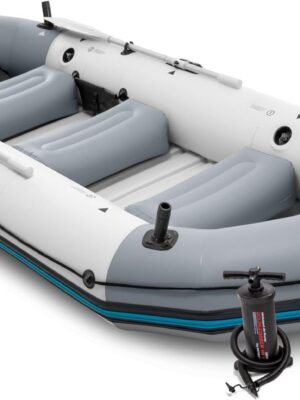 INTEX 68376EP Mariner 4 Inflatable Boat Set: Includes Deluxe 54in Boat Oars and High-Output Pump – Wear-Resistant Keel – Removable Fishing Rod Holders – 4-Person – 1100lb Weight Capacity