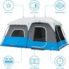 CORE Instant Cabin Tents with LED Lights | 6 Person / 9 Person / 12 Person Family Multi Room Lighted Pop Up Tents for Camping | Included Storage Pockets for Camping Accessories