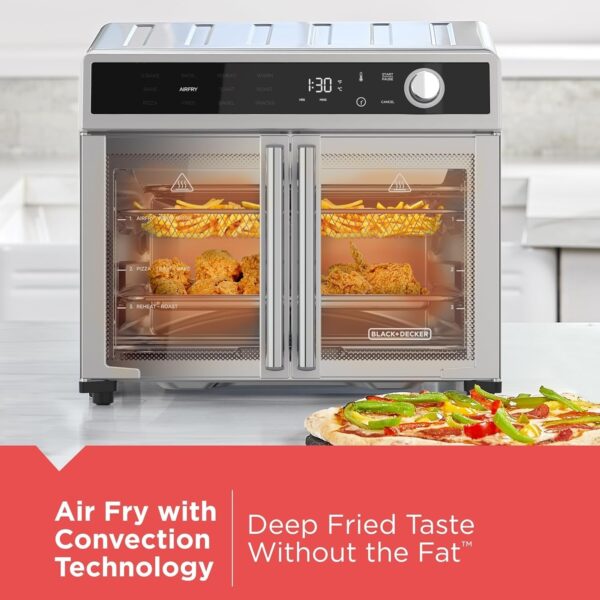 Crisp ‘N Bake Air Fryer Toaster Oven Combo, 12 in 1 Countertop Convection Oven Cooks Food Fast, Fits a Whole Pizza or 6 Toast Slices, French Doors with Stainless Steel Finish