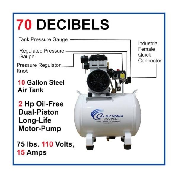 California Air Tools 10020CHAD 10 Gal. 2.0 HP Ultra-Quiet and Oil-Free Electric Stationary Air Compressor with Auto Drain