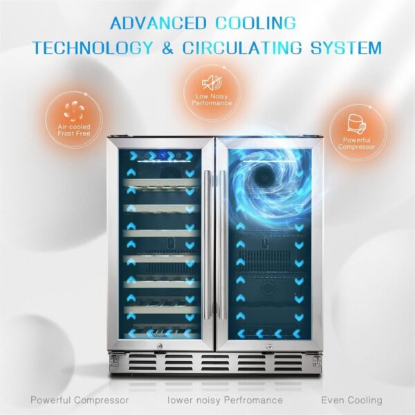 d4865336c8504d0793d31d872eb89f13 24 inch Wine Cooler, 46 Bottle – Dual Zone Built-in or Freestanding Fridge with Stainless Steel Reversible Glass Door, for Home, Kitchen, or Office.