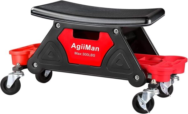 AgiiMan Mechanic Stool – Detailing Garage Rolling Stool with Wheels, Automotive Roller Creeper Seat Chair Repair Tools Tray, 2 Tool Storage Drawers Under Seat, 300 Lbs Capacity